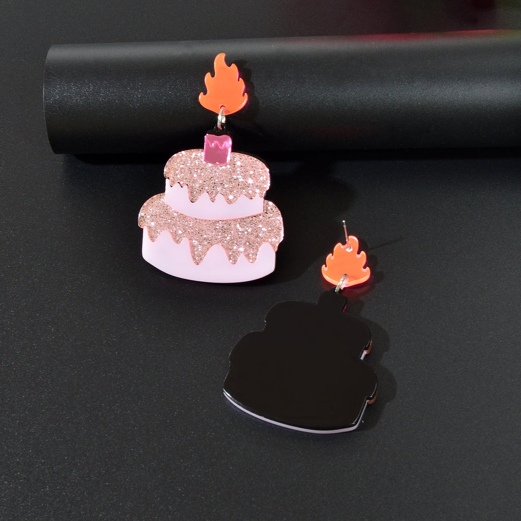 Sweet Sequin Decor Pink Acrylic Cake Dangle Earrings for Women Party Jewellery