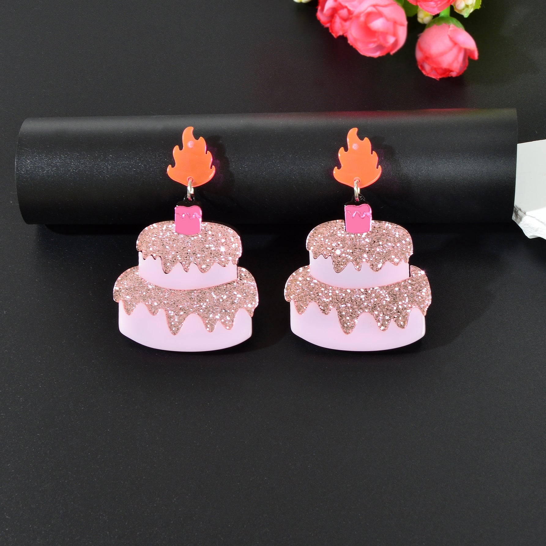 Sweet Sequin Decor Pink Acrylic Cake Dangle Earrings for Women Party Jewellery