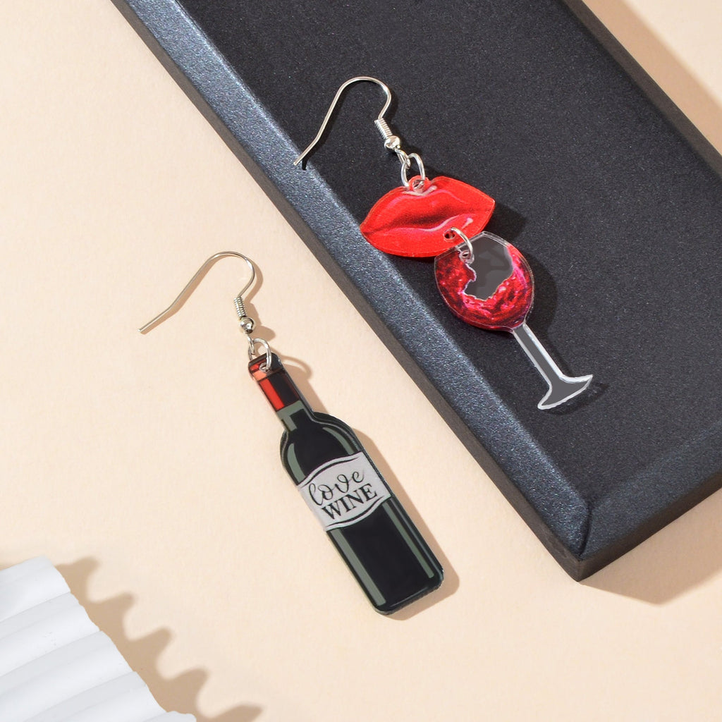 Funky Jewellery Acrylic Lips Wine Bottle and Glass Asymmetric Dangle Earrings