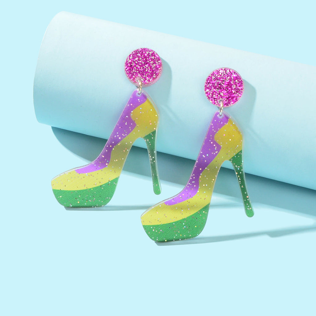 Funky Mixed Colour Acrylic Shiny Big High-heeled Shoes Novelty Dangle Earrings