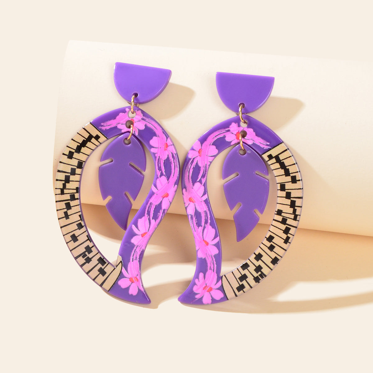Purple Acrylic Feather Shape Earrings Statement Jewelry Party Costume Accessory