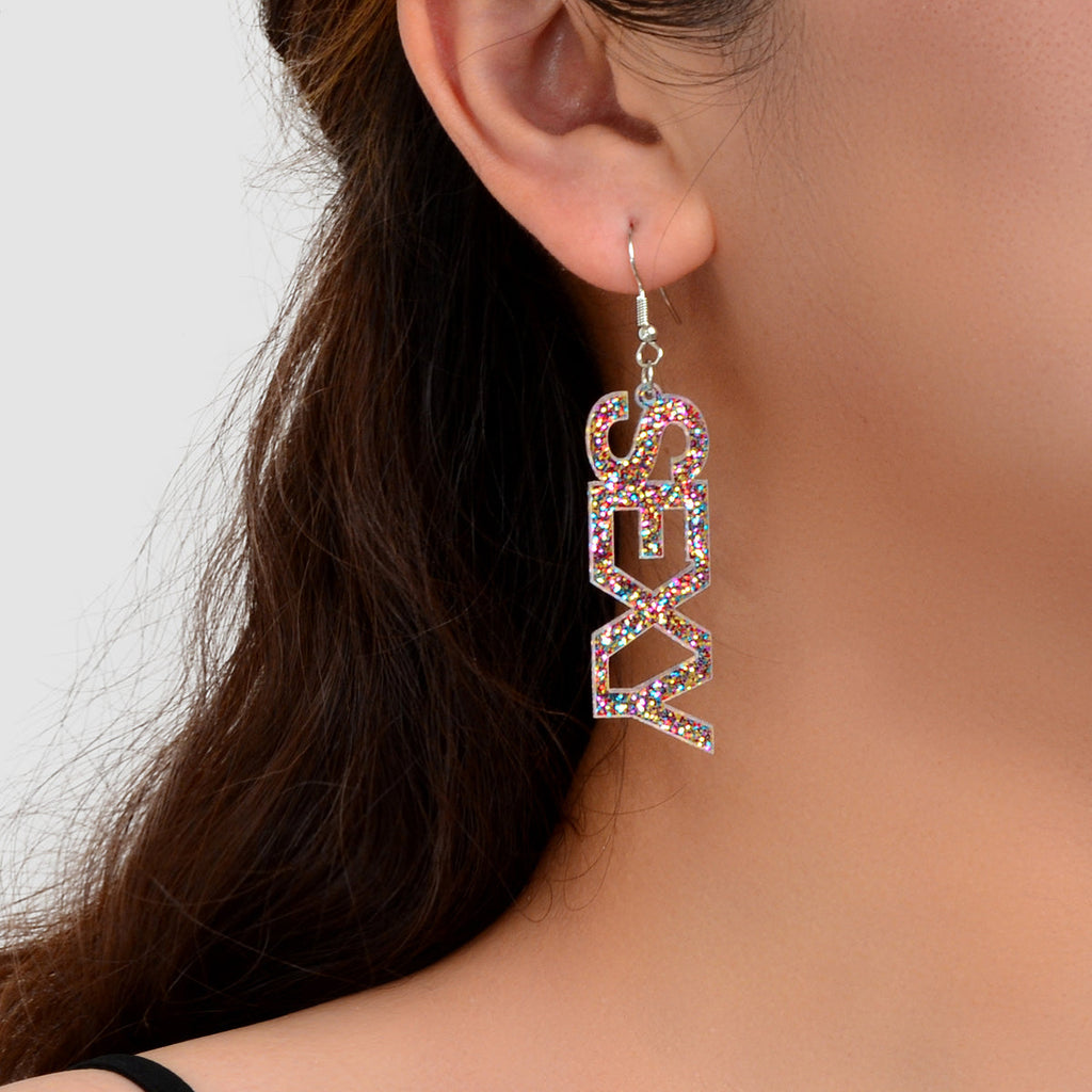 Creative Glitter Sequins Lightweight Acrylic SEXY Letter Dangle Party Earrings