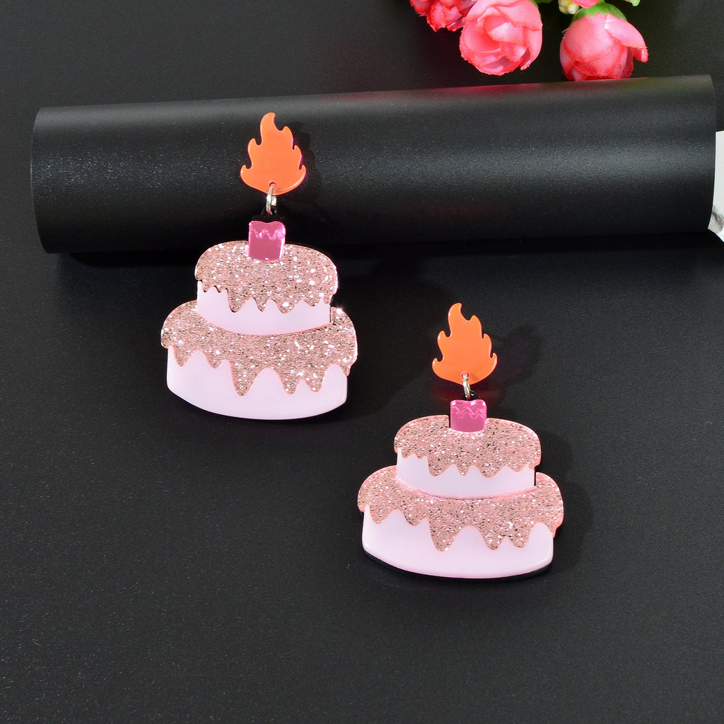 Sweet Sequin Decor Pink Acrylic Cake Dangle Earrings for Women Party Jewellery