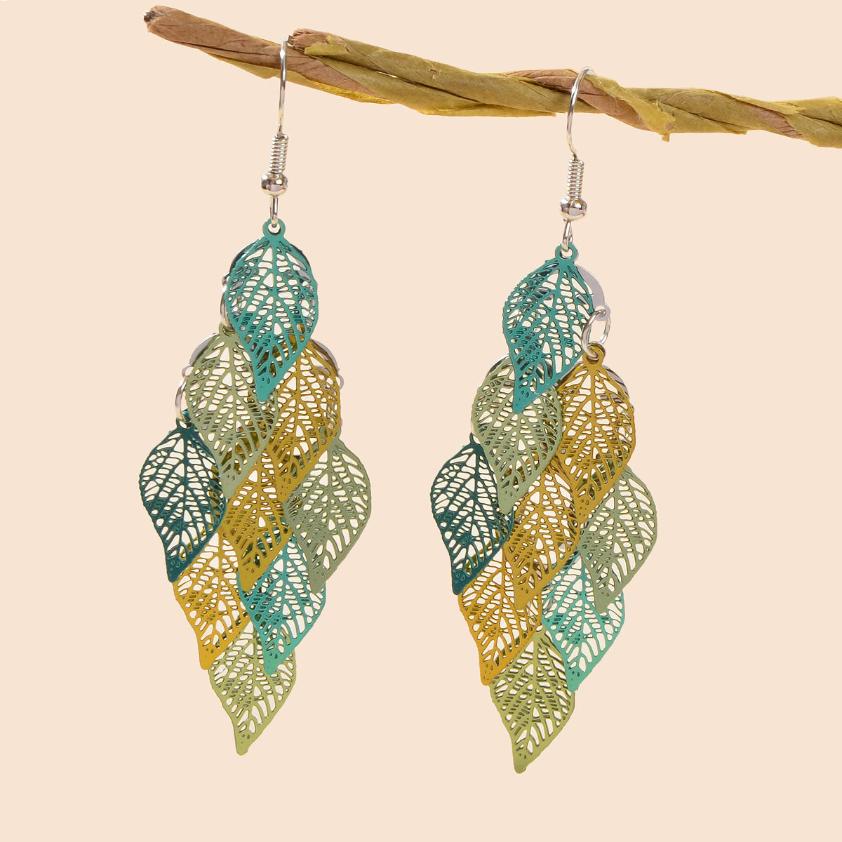 AU Local Bohemian Colorful Hollow Layered Leaf Stacks Hook Drop Dangle Earrings