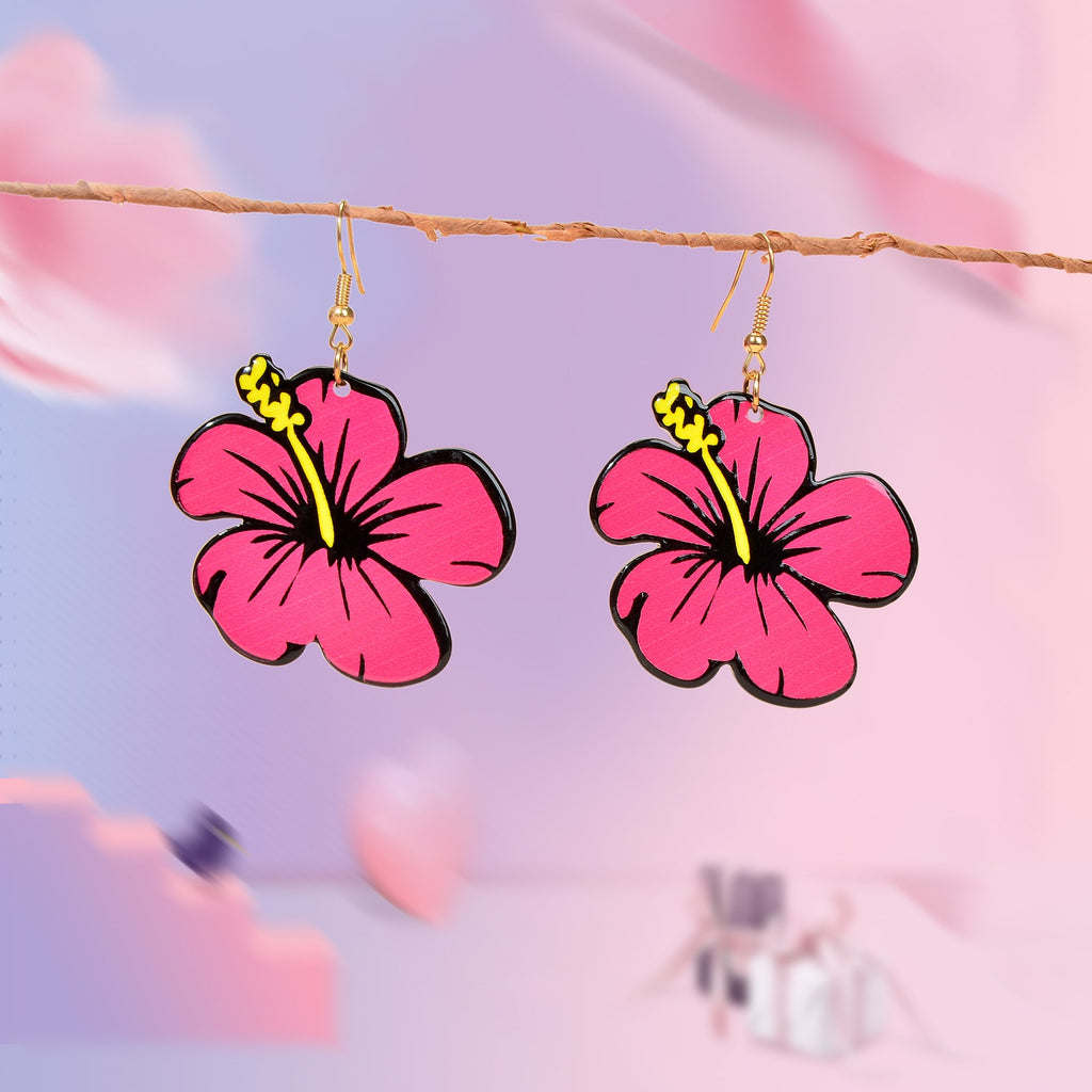 Hotpink Acrylic Dangle Flower Earrings Flora Bloom Vacation Jewellery Gift