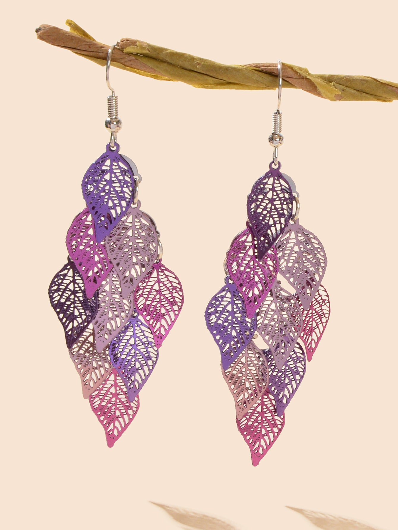 AU Local Bohemian Colorful Hollow Layered Leaf Stacks Hook Drop Dangle Earrings
