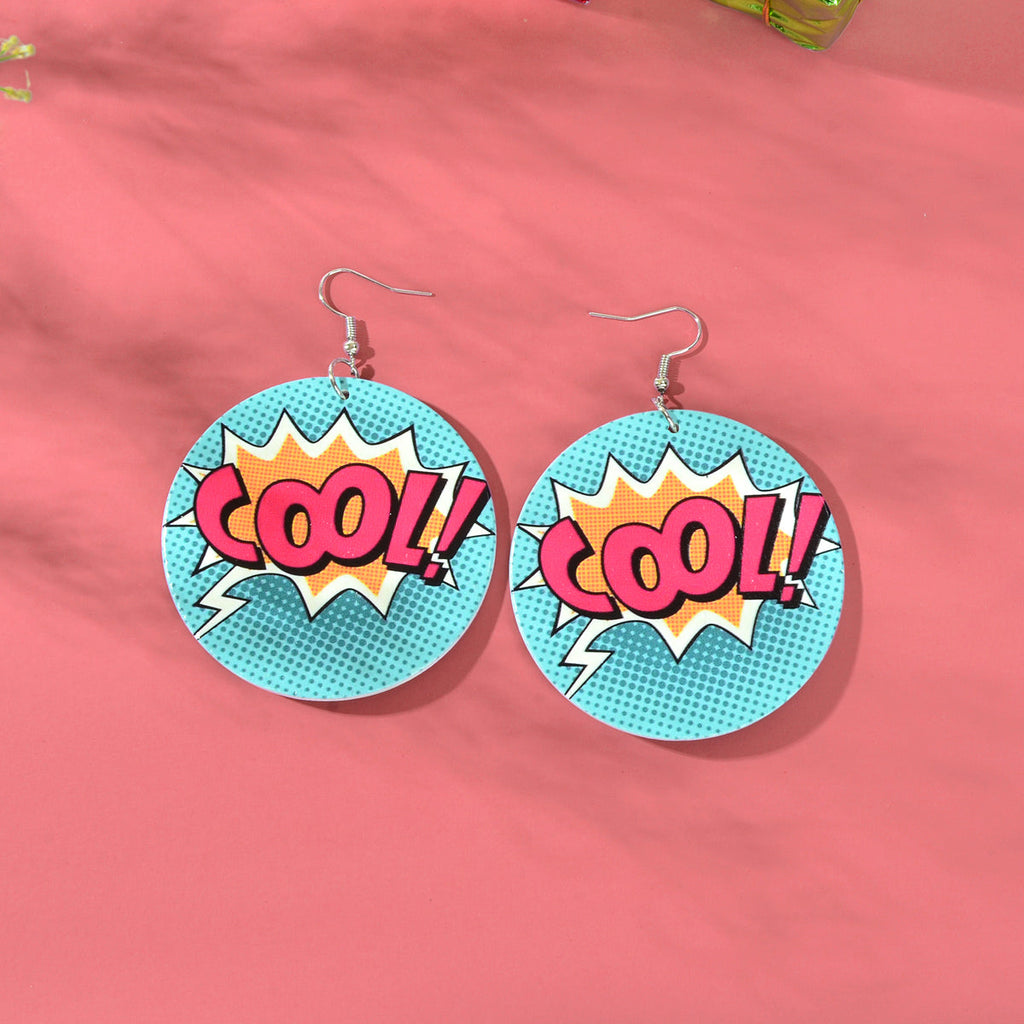 Candy Color Funny Wood Blue Round Geometric Cool Letter Earrings Costume Jewelry-0