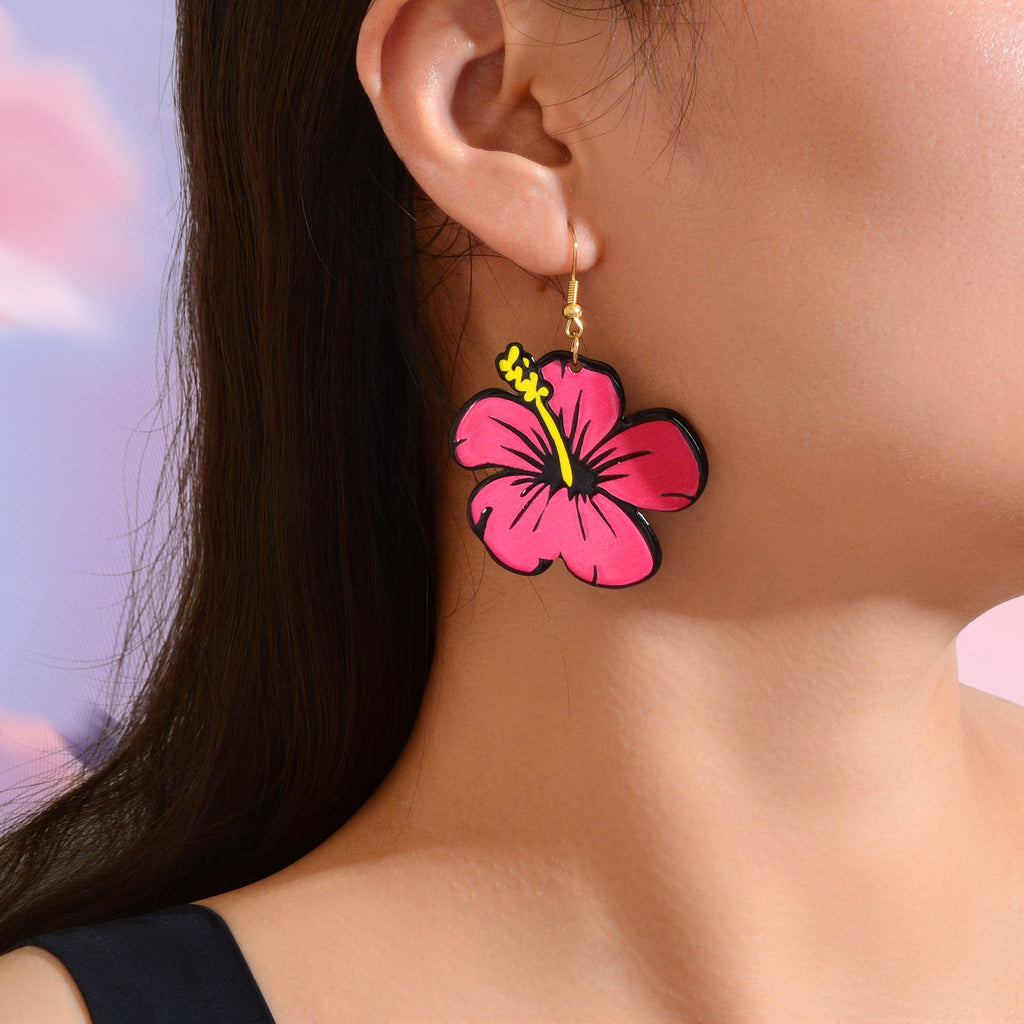Hotpink Acrylic Dangle Flower Earrings Flora Bloom Vacation Jewellery Gift