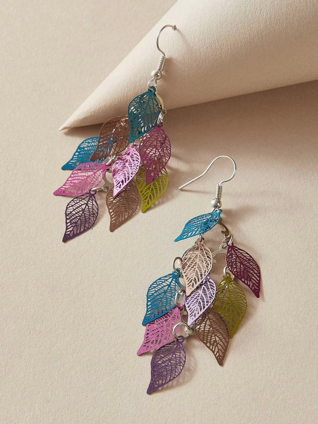 AU Local Bohemian Colorful Hollow Layered Leaf Stacks Hook Drop Dangle Earrings