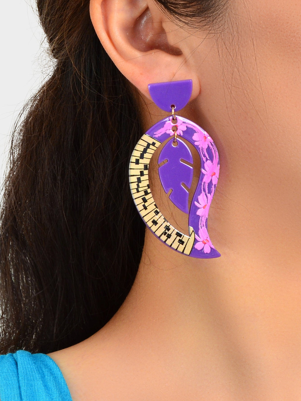 Purple Acrylic Feather Shape Earrings Statement Jewelry Party Costume Accessory
