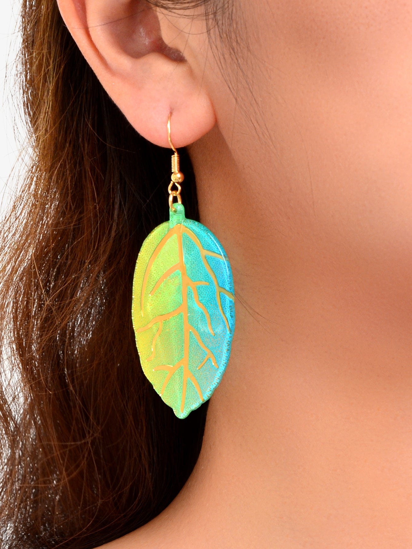 Green Leaf Acrylic Drop Dangle Statement Earrings Bohemian Summer Cool Jewellery