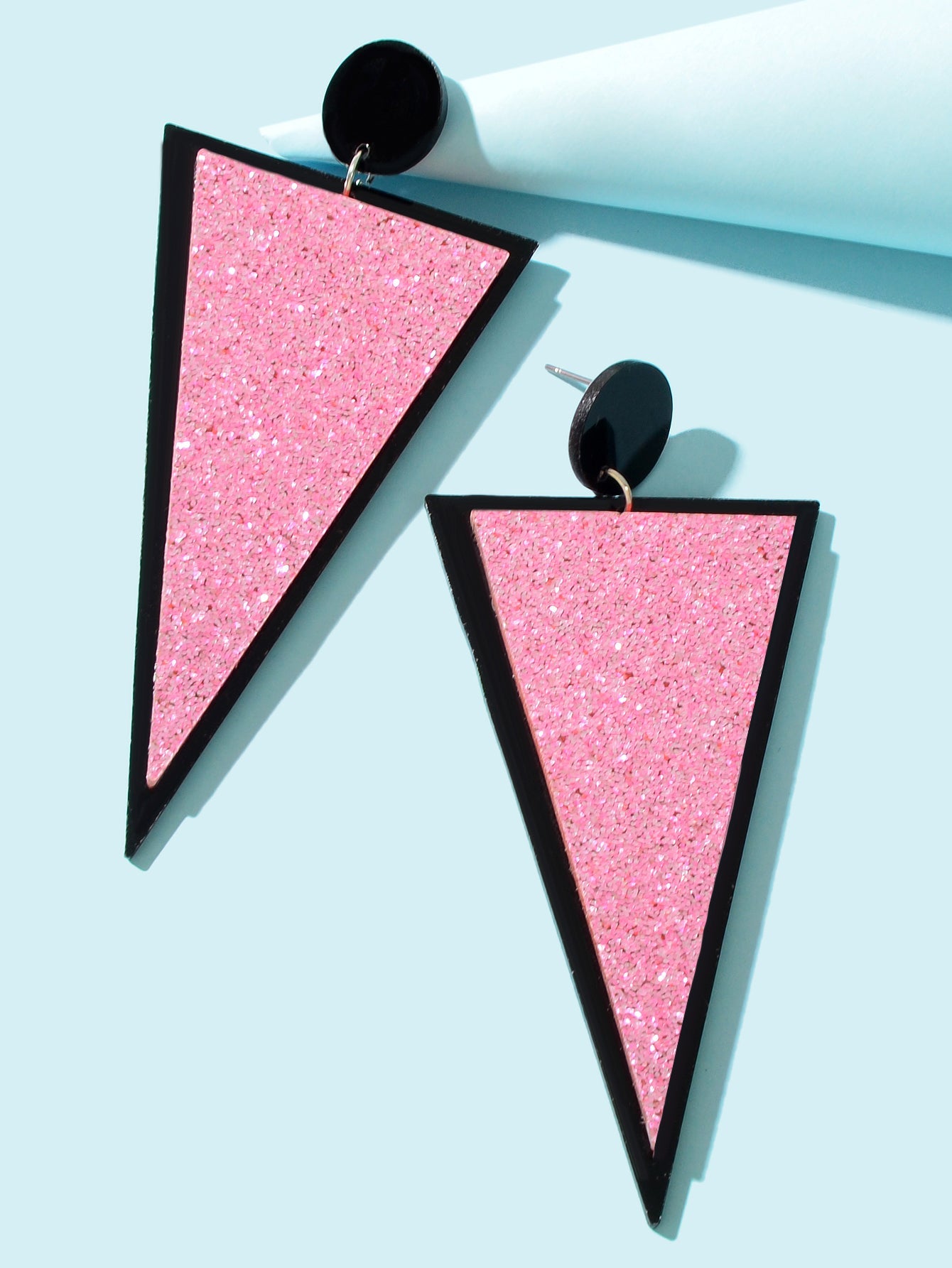 Shining Pink Sequin Decor Acrylic Triangle Geometric Dangle Earrings for Party