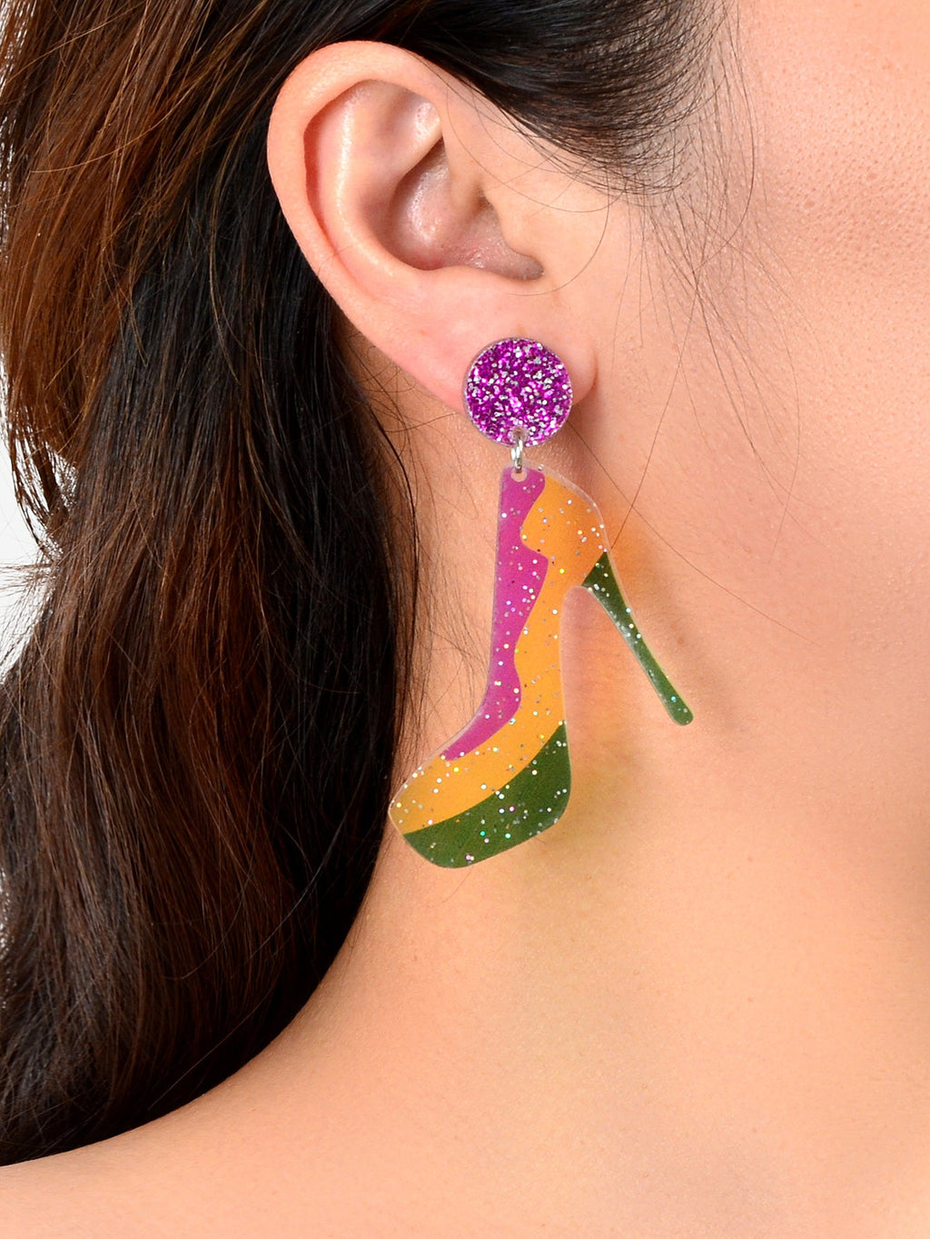 Funky Mixed Colour Acrylic Shiny Big High-heeled Shoes Novelty Dangle Earrings