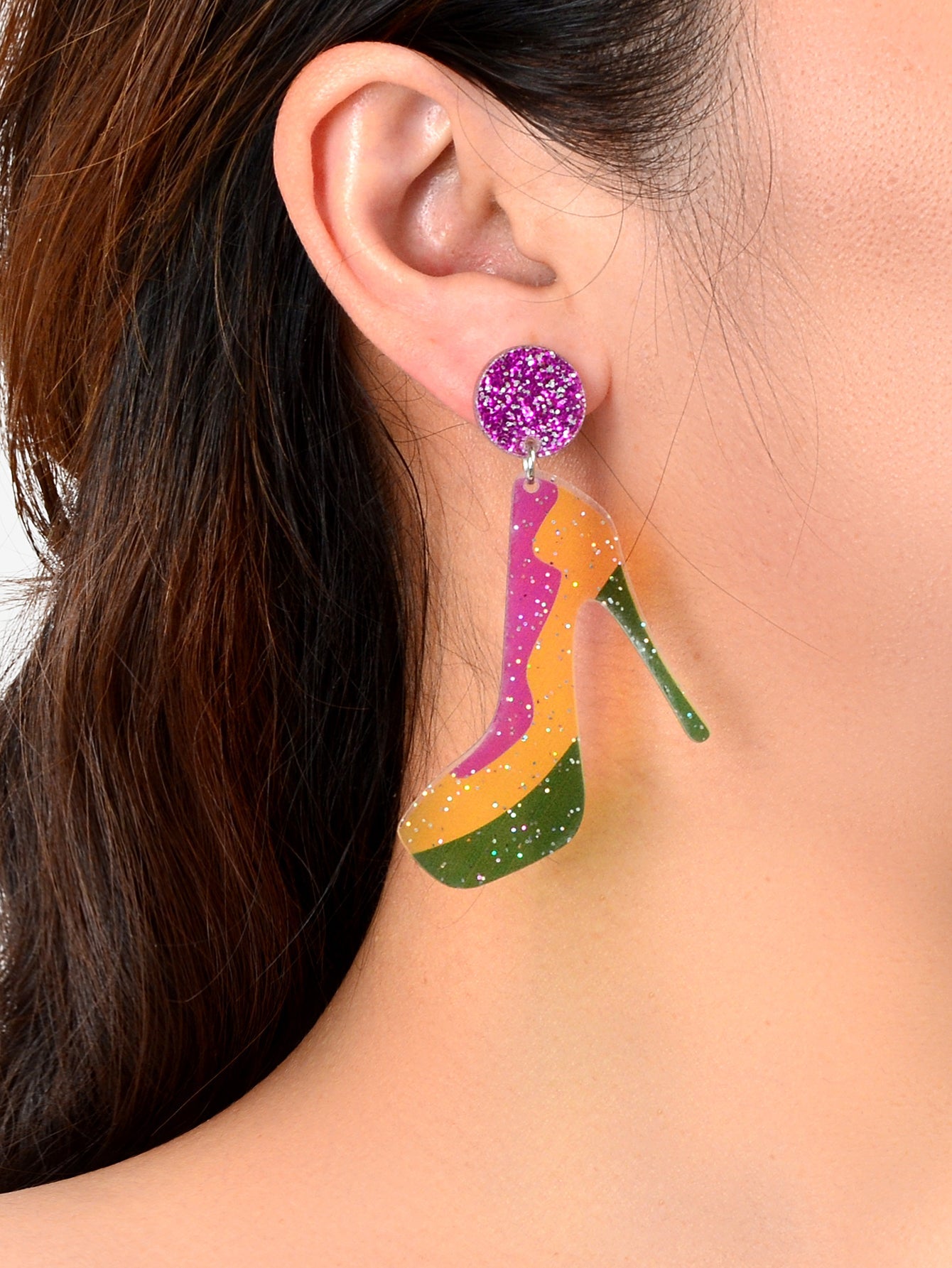 Funky Mixed Colour Acrylic Shiny Big High-heeled Shoes Novelty Dangle Earrings