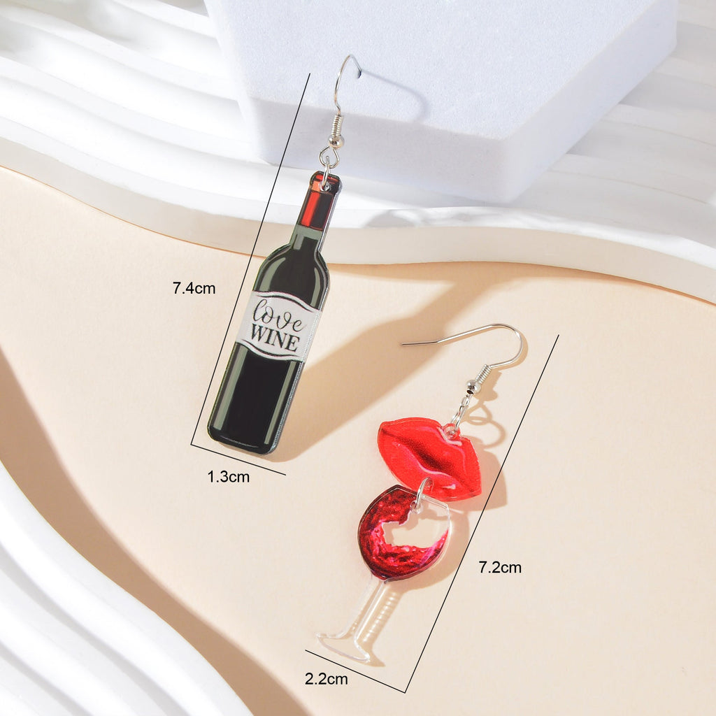 Funky Jewellery Acrylic Lips Wine Bottle and Glass Asymmetric Dangle Earrings