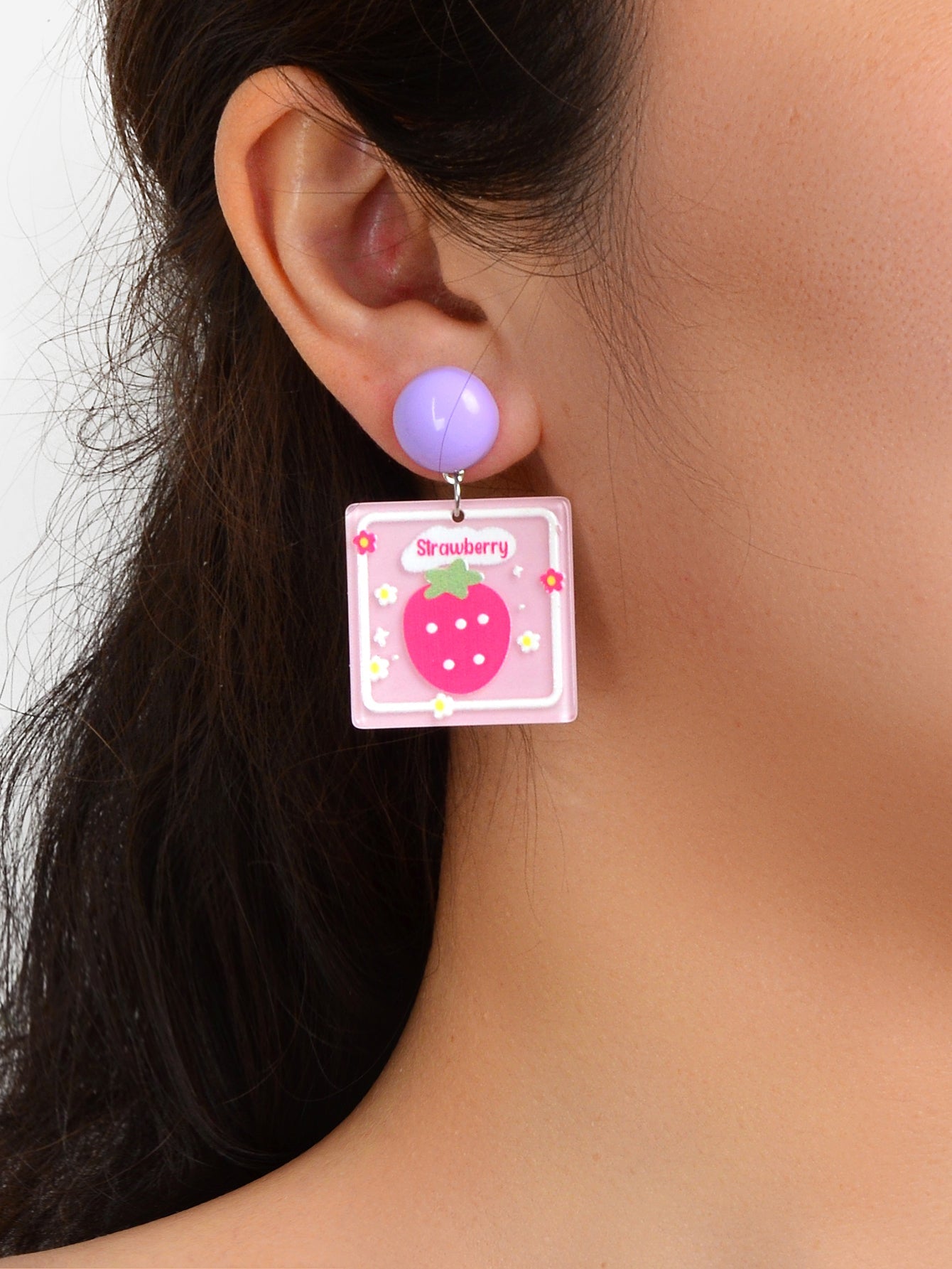 Sweet Acrylic Pink Strawberry Square Dangle Stud Earrings Y2k Style Accessories