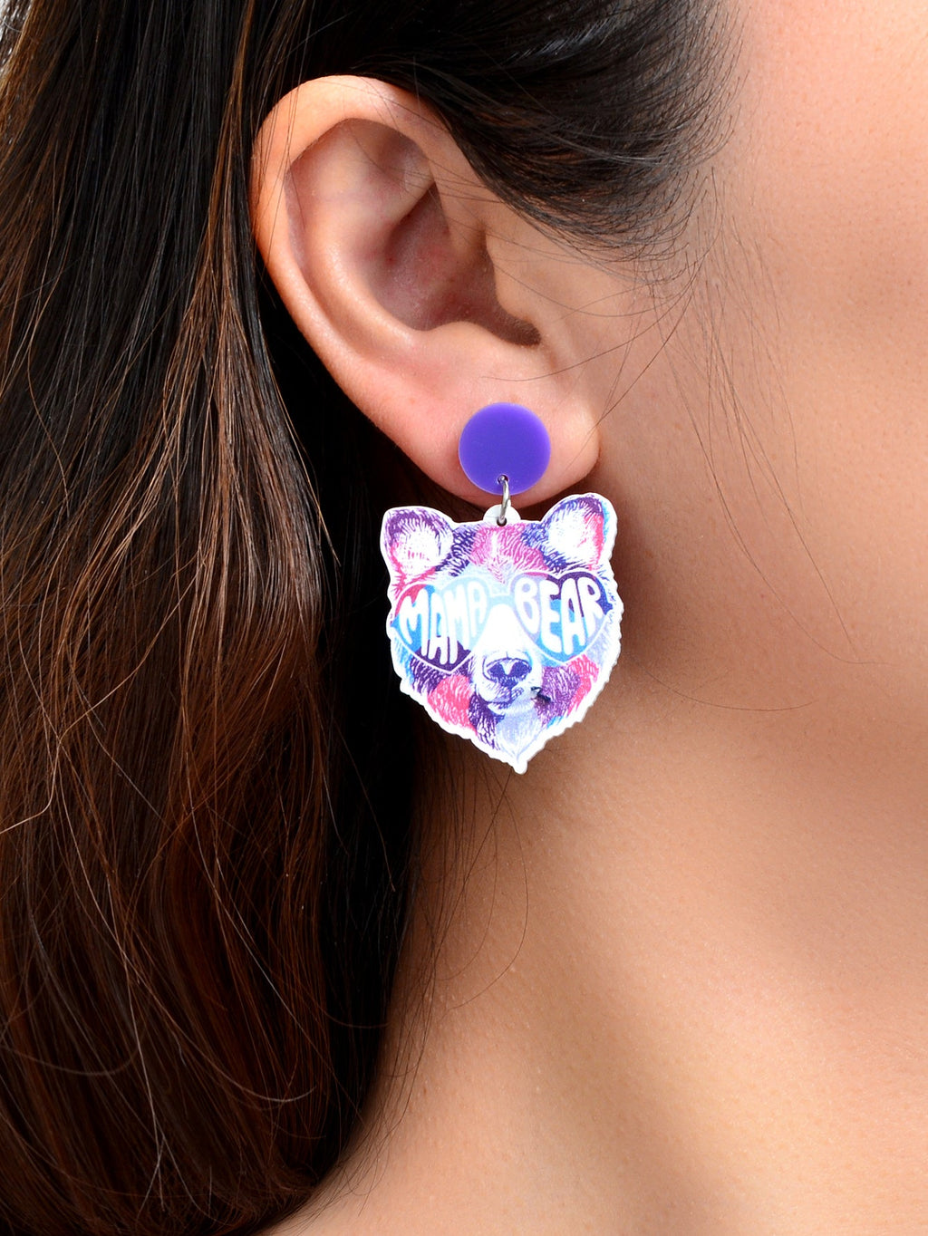 Stylish Purple Acrylic Letter Bear Head Dangle Earrings Women Party Decoration
