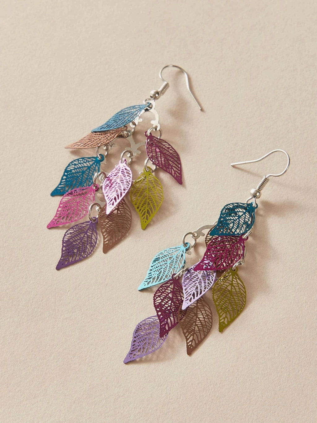 AU Local Bohemian Colorful Hollow Layered Leaf Stacks Hook Drop Dangle Earrings