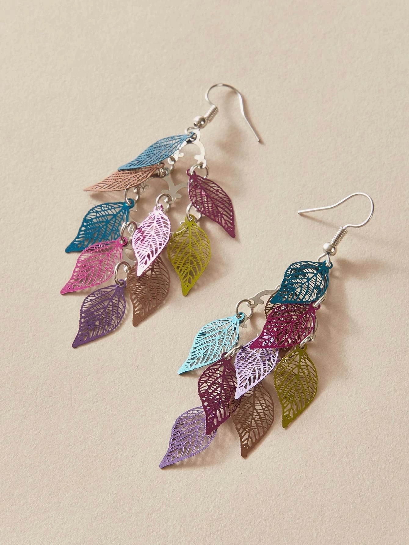 AU Local Bohemian Colorful Hollow Layered Leaf Stacks Hook Drop Dangle Earrings
