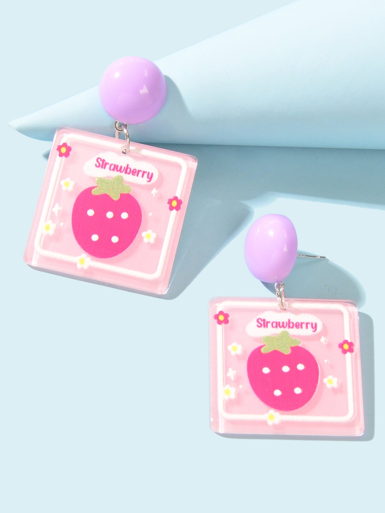 Sweet Acrylic Pink Strawberry Square Dangle Stud Earrings Y2k Style Accessories