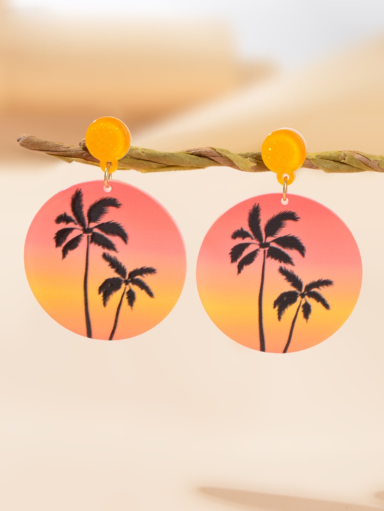 Boho Chic Coconut Tree Pattern Round Orange Acrylic Dangle Earrings for Holiday