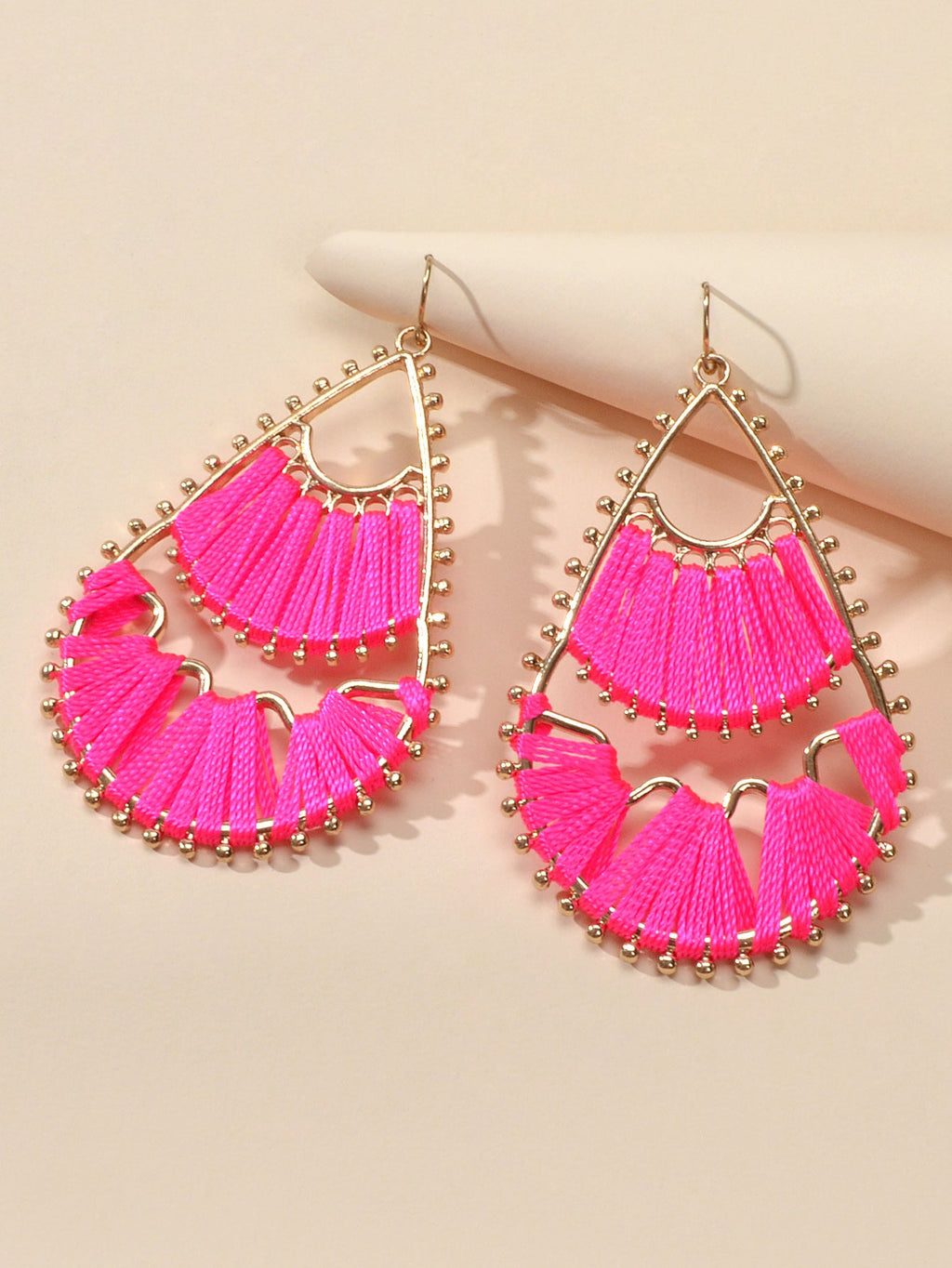 Indian Traditional Handmade Braided Beige Hotpink Ethnic Water Drop Earrings-2