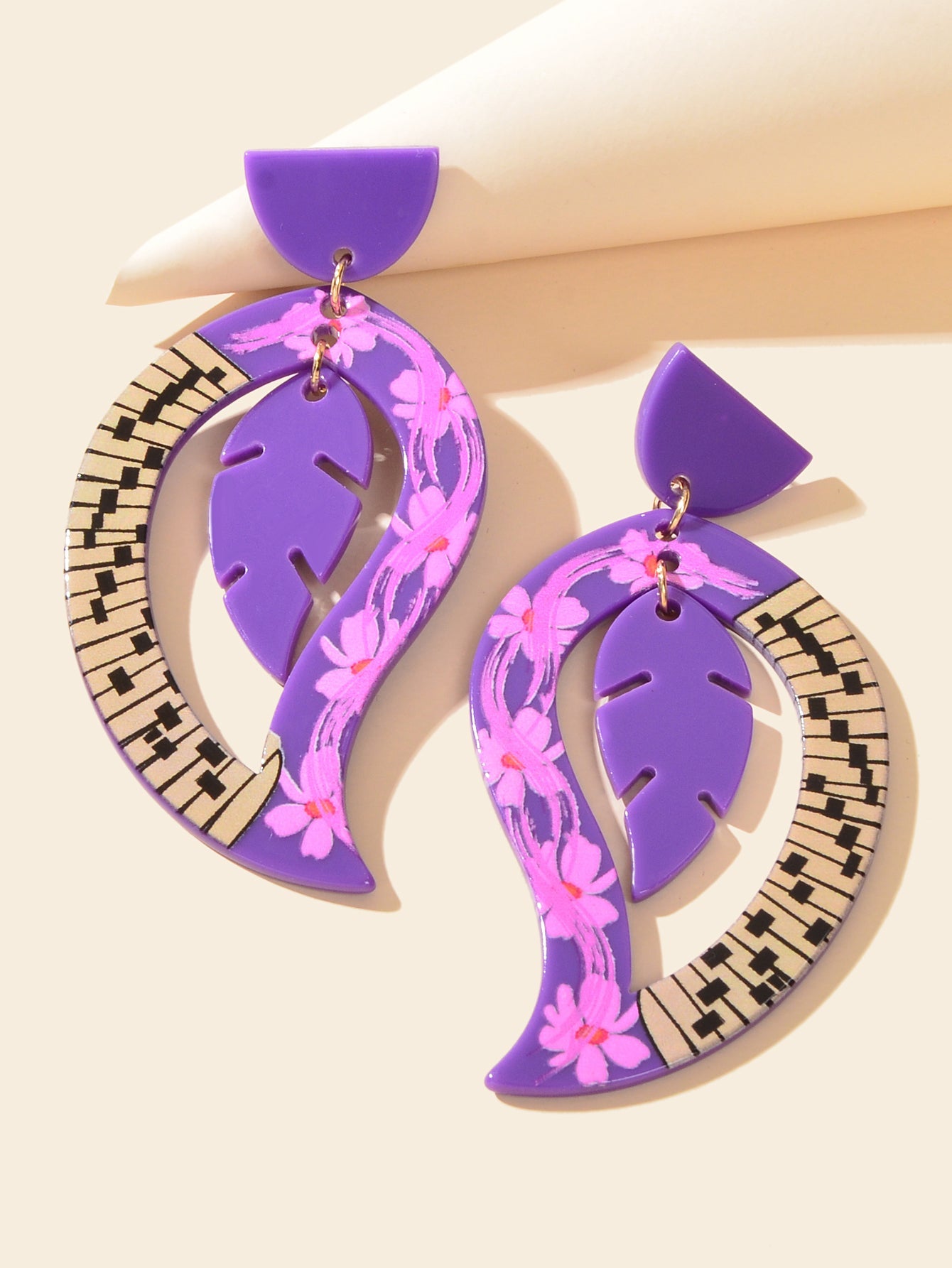 Purple Acrylic Feather Shape Earrings Statement Jewelry Party Costume Accessory