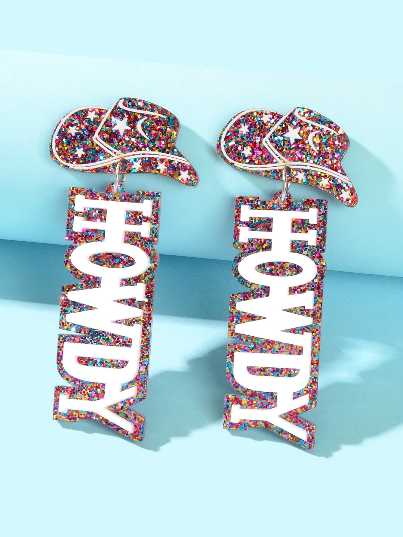 Designer Stylish Colorful Sequin Cowboy Hat Howdy Letter Acrylic Dangle Earrings