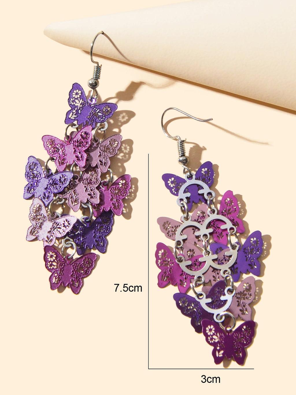 Women's Fashion Hot Pink Purple Hollow Multi-level Butterfly Chandelier Earrings