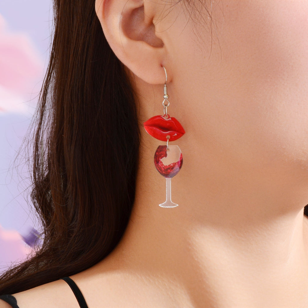 Funky Jewellery Acrylic Lips Wine Bottle and Glass Asymmetric Dangle Earrings