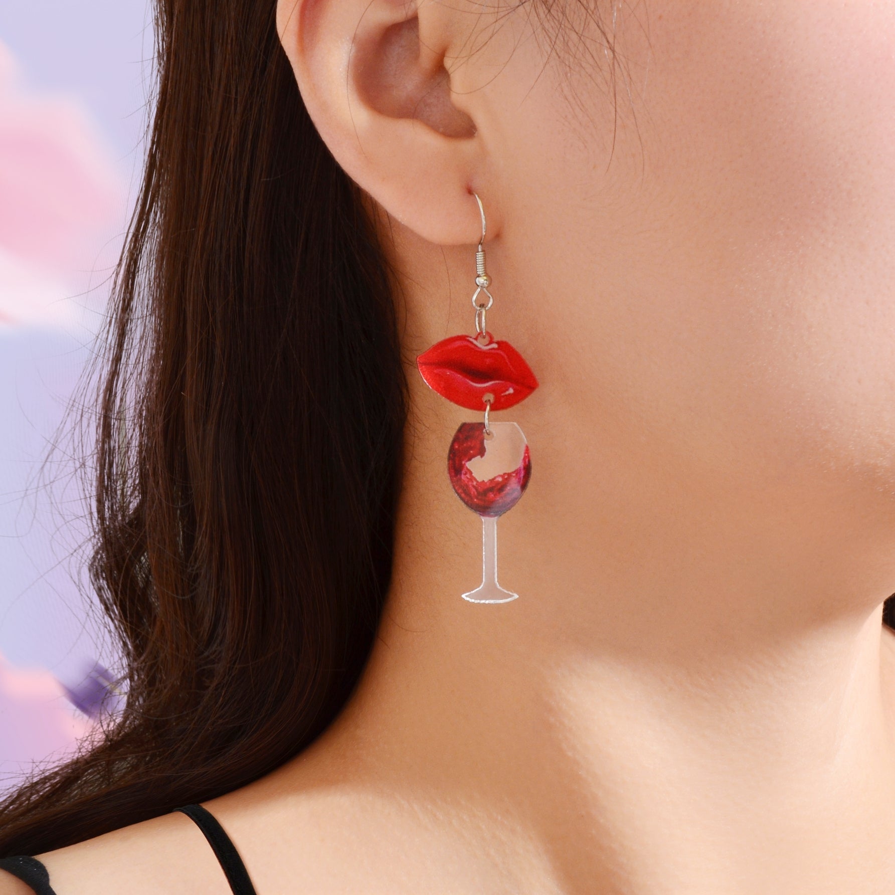 Funky Jewellery Acrylic Lips Wine Bottle and Glass Asymmetric Dangle Earrings