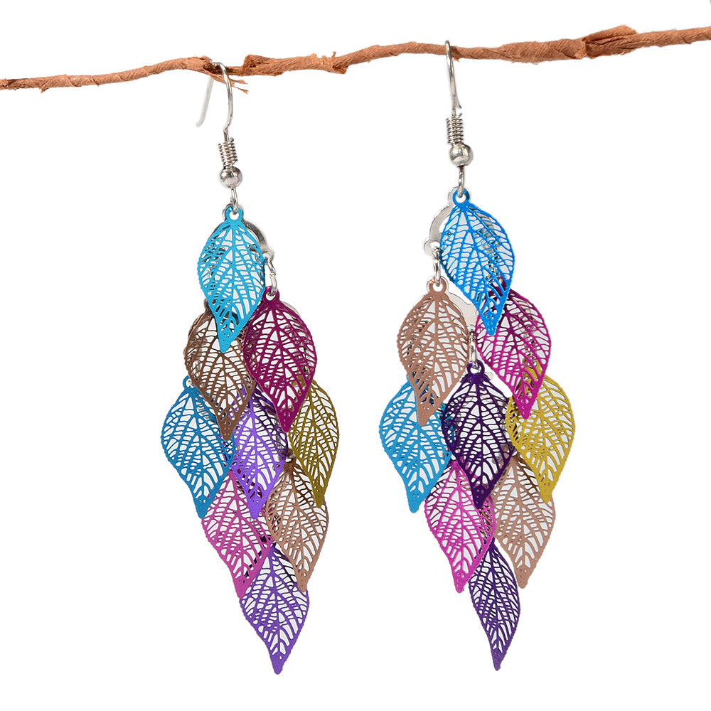 AU Local Bohemian Colorful Hollow Layered Leaf Stacks Hook Drop Dangle Earrings