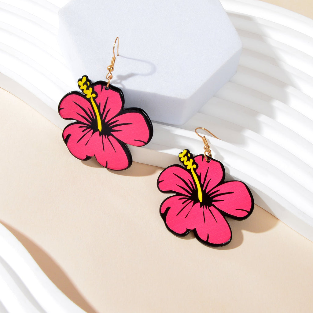 Hotpink Acrylic Dangle Flower Earrings Flora Bloom Vacation Jewellery Gift