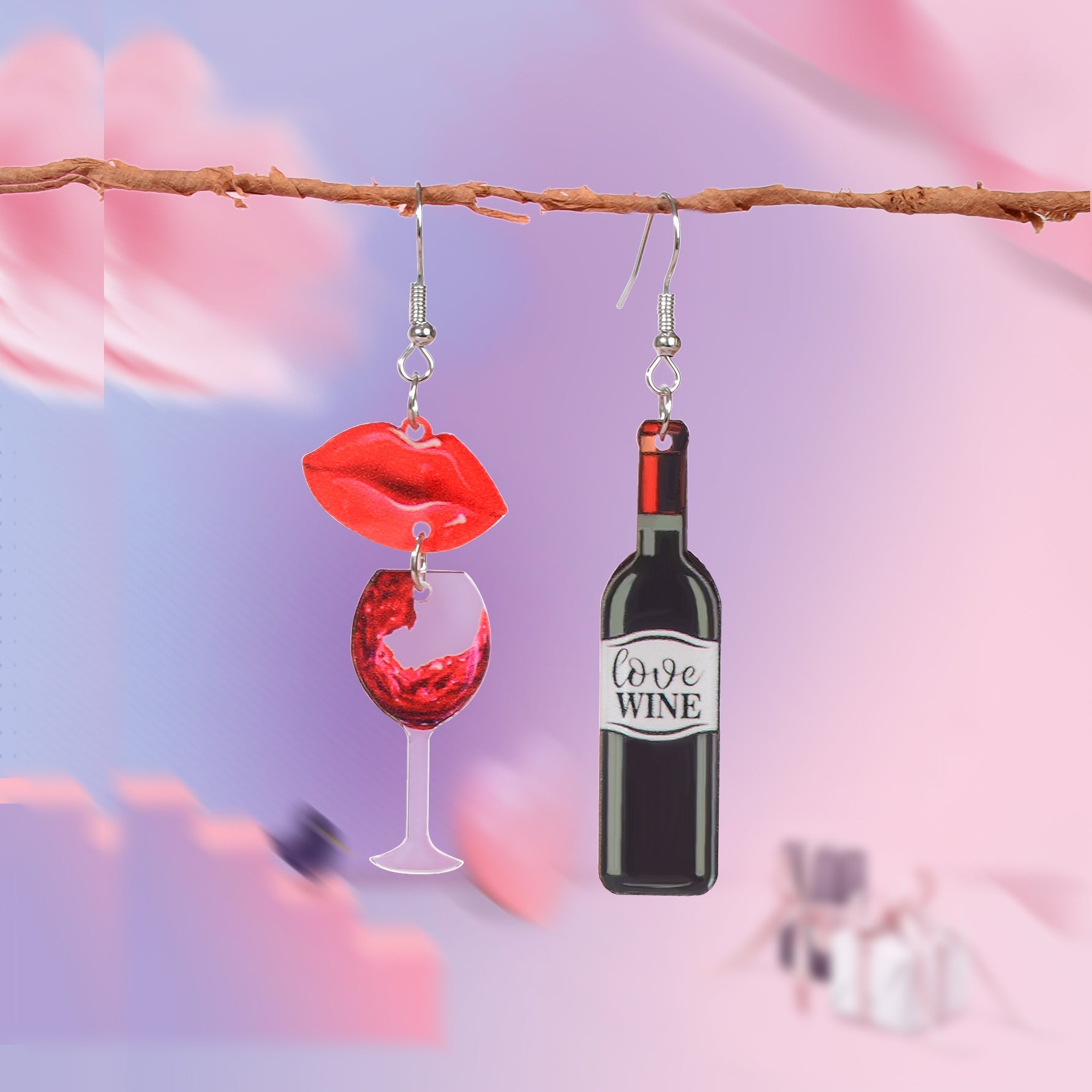 Funky Jewellery Acrylic Lips Wine Bottle and Glass Asymmetric Dangle Earrings