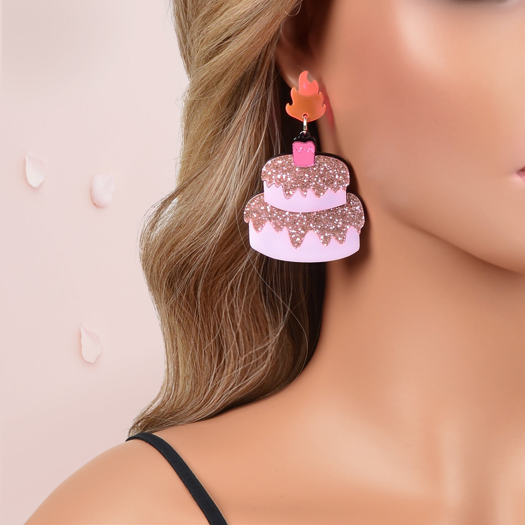 Sweet Sequin Decor Pink Acrylic Cake Dangle Earrings for Women Party Jewellery
